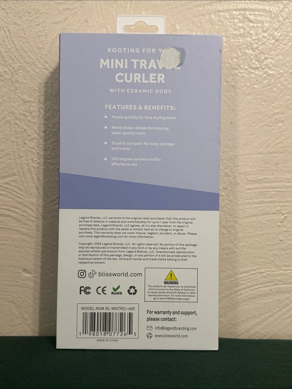 Bliss Mini Travel Curler in Lavender and Cream